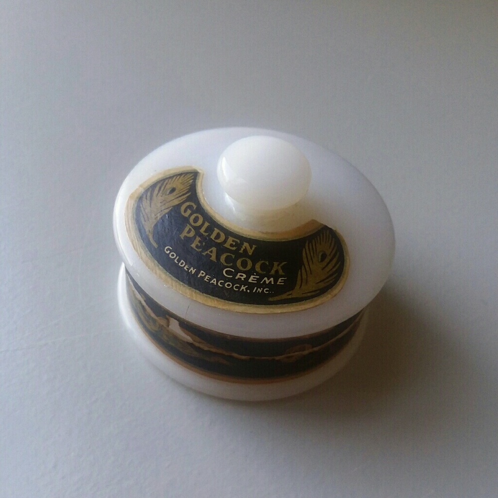 Antique Golden Peacock Creme Trinket Milk Glass
